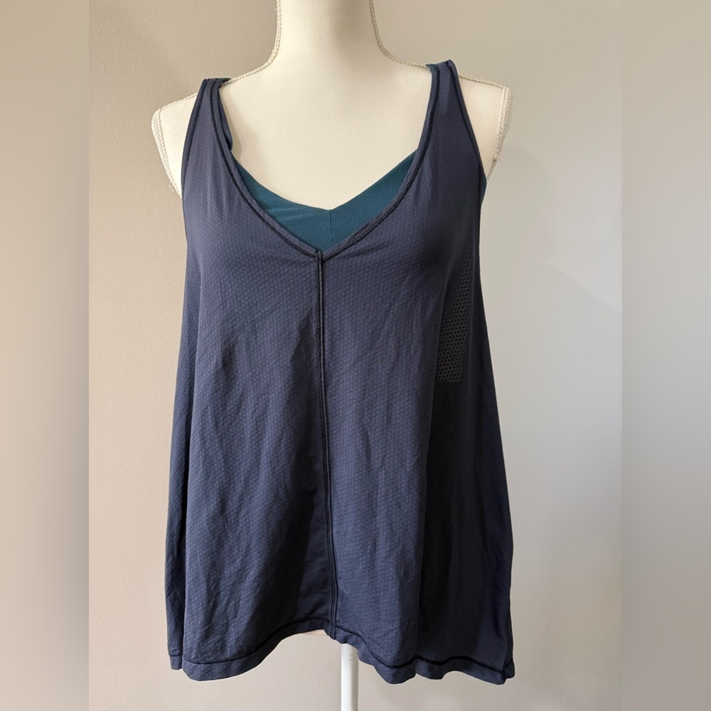 Lulu Navy Layered V-Neck Tank Top with attached Teal (non-padded) bra